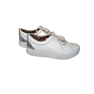 FitFlop Rally Sneakers White Leather Glitter Heel Womens Size 7 EU 38 Comfort